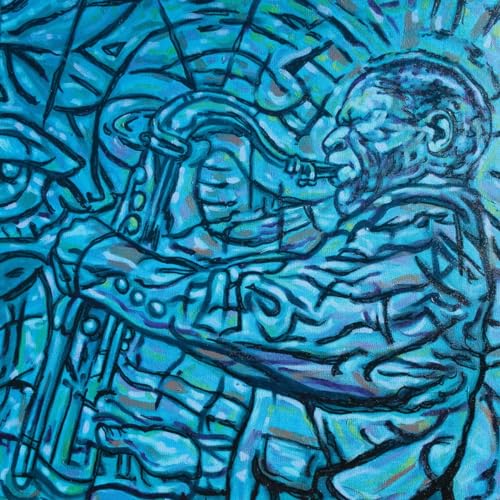 Blue abstract painting of a saxophone player in profile.
