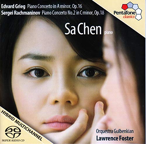 CD cover featuring pianist Sa Chen, Grieg and Rachmaninoff concertos.