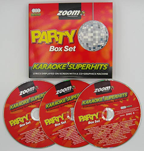 Red karaoke CD+G box set with three silver discs and disco ball.