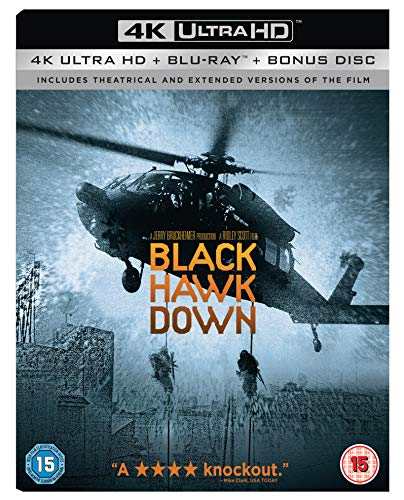 Black Hawk Down 4K Ultra HD Blu-ray cover featuring a military helicopter and soldiers.