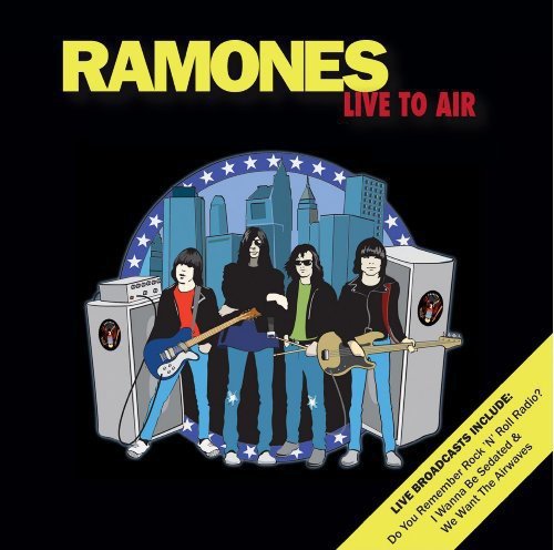 Ramones "Live To Air" CD cover with band illustration and city skyline.