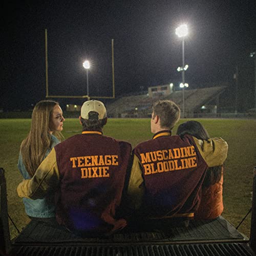 Four people sit on a truck, facing a lit football field.