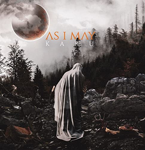 CD cover: hooded figure in a misty forest with a large planet.