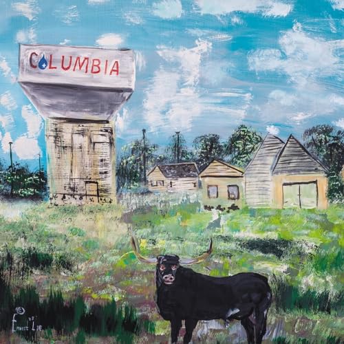 Painted album cover featuring a bull, water tower, and rural buildings.