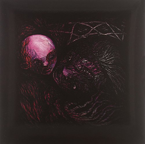 Dark, abstract album cover featuring a pink face and tangled black lines.