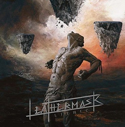 CD cover: stone figure with floating rocks, dramatic sky, "Leathermask - Lithic".