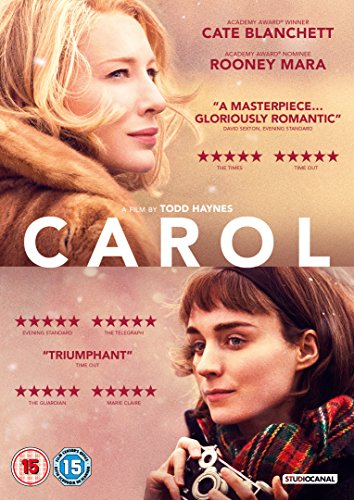 Carol" DVD cover featuring Cate Blanchett and Rooney Mara in portrait.