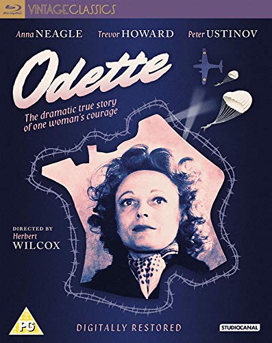 Odette" Blu-ray cover featuring Anna Neagle, barbed wire, and a parachute.