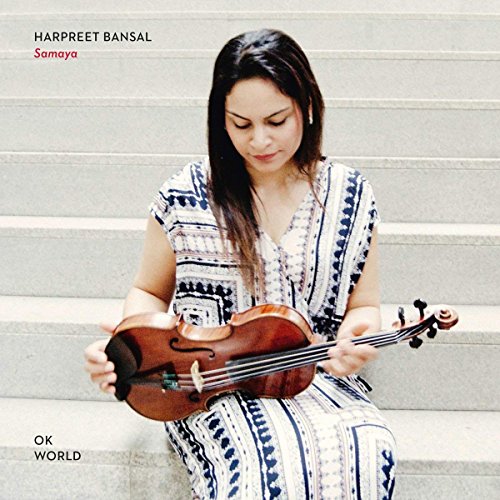 Woman with violin on stairs, album cover for "Samaya" by Harpreet Bansal.