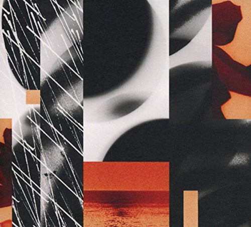 Abstract album cover with black, white, and red geometric shapes.