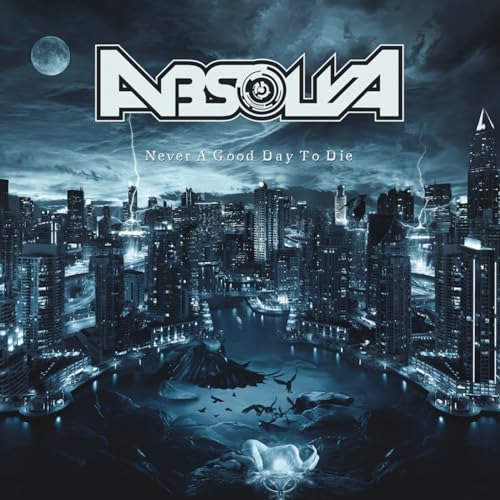 Absolva album cover: cityscape under stormy sky, with lightning strikes.