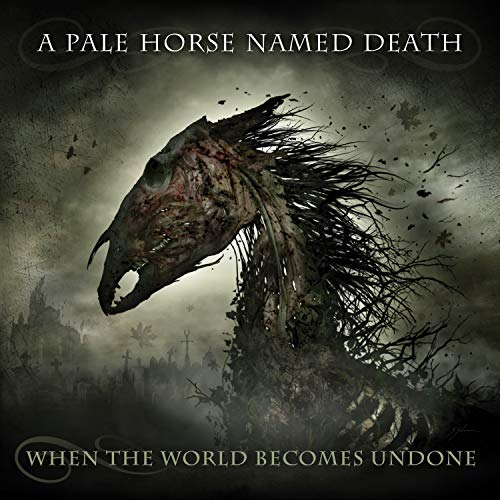 Dark, decaying horse head against a stormy, ruined cityscape background.