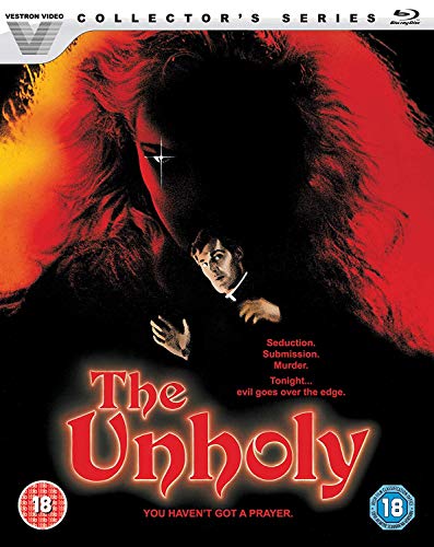 Blu-ray cover for "The Unholy" featuring a priest and demonic red hair.