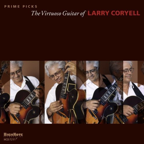 CD cover for Larry Coryell’s “Prime Picks” featuring four images of him playing guitar.