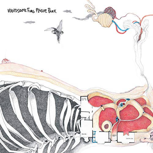 Handsome Furs “Plague Park” CD cover: anatomical illustration with bird and building.