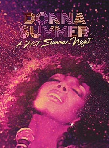 Donna Summer album cover, purple and pink, with singer looking up.