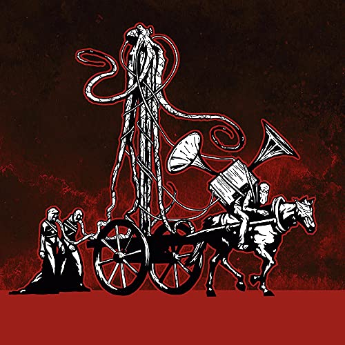Black and white illustration of a bizarre procession with figures and a horse.