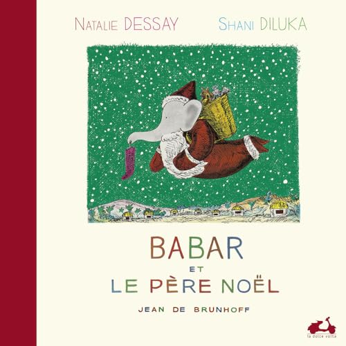 Babar the elephant in a Santa hat flies over a winter village.