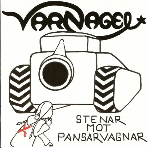 Black and white illustration of a tank and a person throwing a stone.