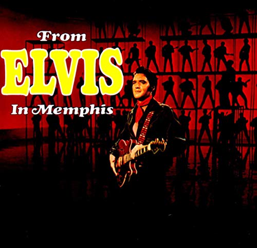 Elvis Presley playing guitar against a red background with silhouettes of musicians.