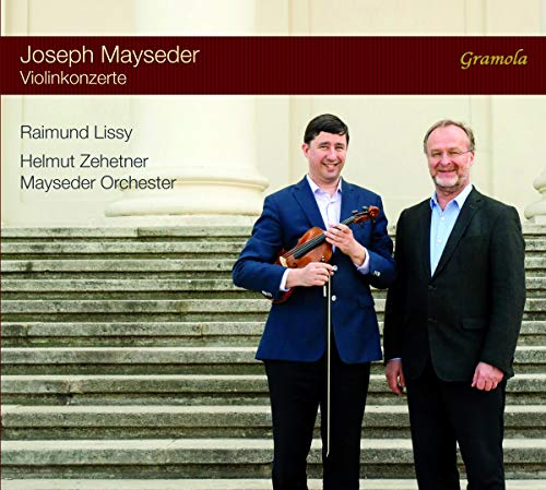 CD cover featuring two men and a violinist in front of columns.