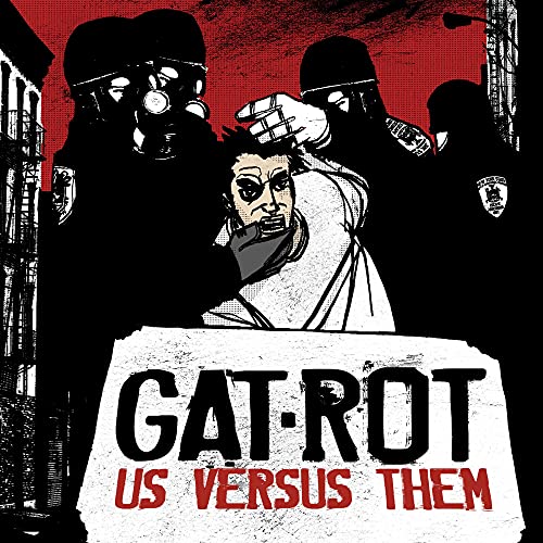 CD cover: stylized illustration of figures in gas masks and a protestor.