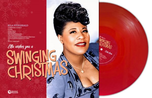 Ella Fitzgerald album cover and red vinyl record, festive Christmas theme.