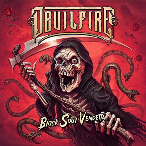 CD cover: skeletal grim reaper with snakes, roses, and axe on red background.
