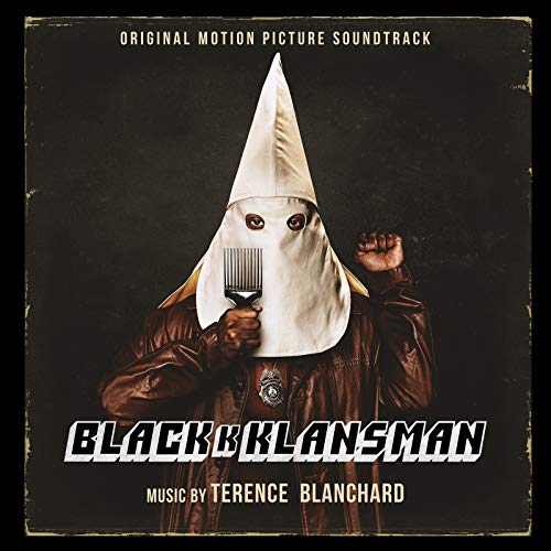 CD cover for “BlacKkKlansman” soundtrack featuring a figure in KKK hood.