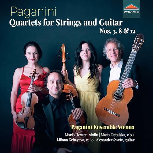 Four musicians with string instruments pose for a CD cover.