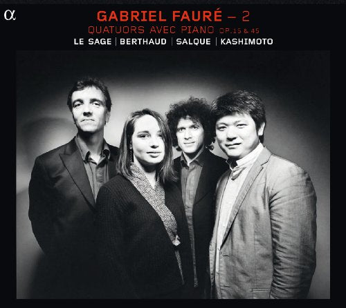 Black and white photo of four musicians, album cover for Gabriel Fauré.