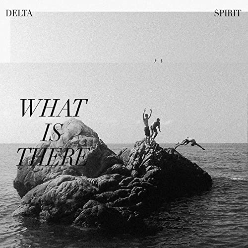 Black and white album cover featuring people diving from a rock.