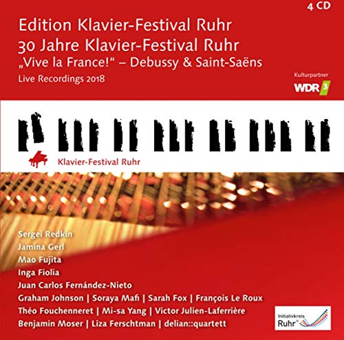 Red CD case for "Debussy & Saint-Saëns" live recordings, featuring piano keys.