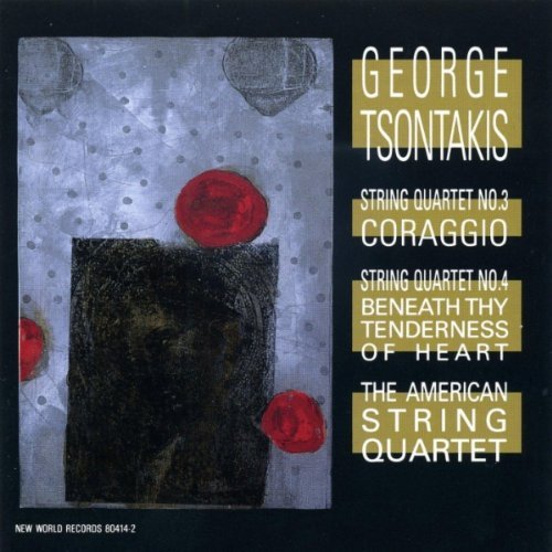 CD cover for George Tsontakis string quartets, abstract red circles on gray.
