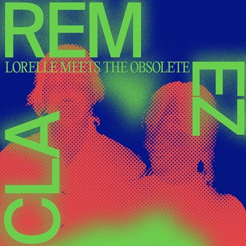 Album cover with abstract red and green design, bold text “REM” and faces.