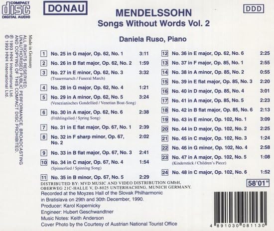 CD case for Mendelssohn's "Songs Without Words Vol. 2" with tracklist.