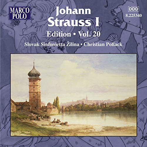CD cover for Johann Strauss Edition Vol. 20, featuring a tower landscape.