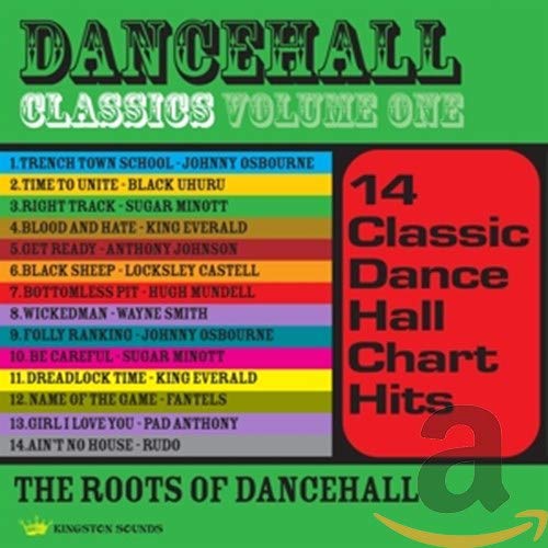 CD cover for "Dancehall Classics Vol. 1" with tracklist and vibrant colors.