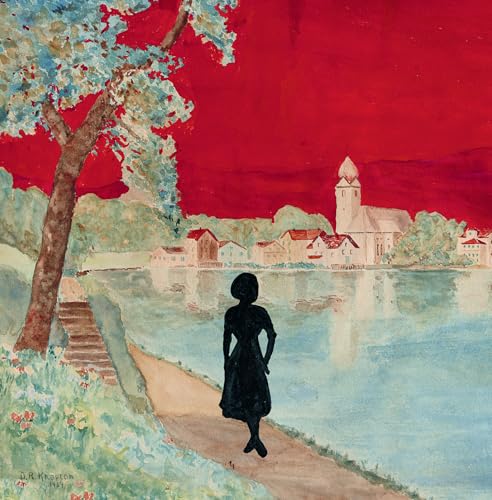 A black silhouette of a person stands on a path by a lake under red sky.
