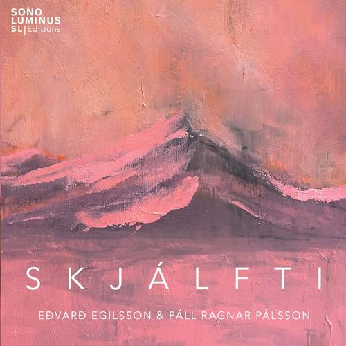 CD cover: abstract pink and brown mountain painting, text “Skjalfti”.