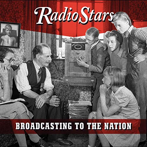 Black and white photo of a family listening to a vintage radio.