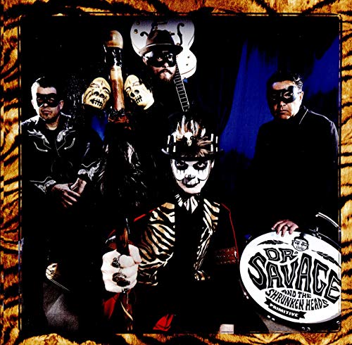 Band portrait with masks and animal print, album cover for Dr. Savage.
