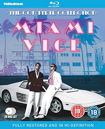 Miami Vice The Complete Collection Blu-ray cover featuring two men and a white car.