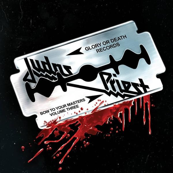 Judas Priest album cover: a razor blade with band logo and red drips.