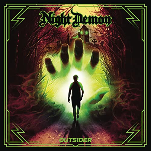 Night Demon “Outsider” vinyl album cover: ghostly hand, figure, and haunted house.