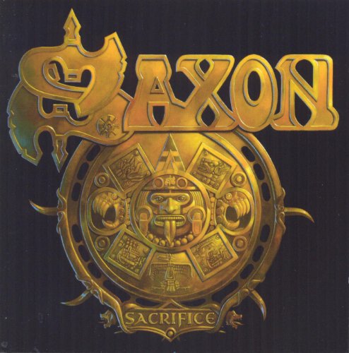 Saxon “Sacrifice” CD cover: golden logo and Aztec calendar design.