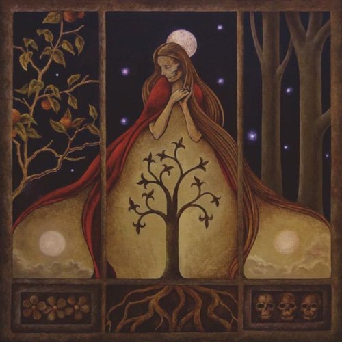 Illustration of a woman in red with trees, roots, moons, and skulls.