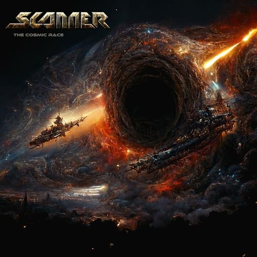Sci-fi album cover: spaceships flying into a swirling, dark vortex.