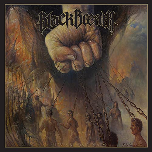 Album cover: hand holding chains over figures in a fiery landscape.
