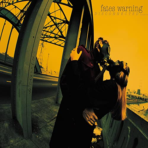 Album cover: couple embracing under a bridge, one wearing a gas mask.